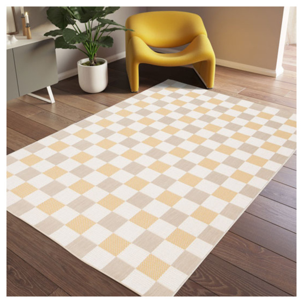Tapis motif damier en matière recyclée - andy - beige et ocre - 120 x 170 cm