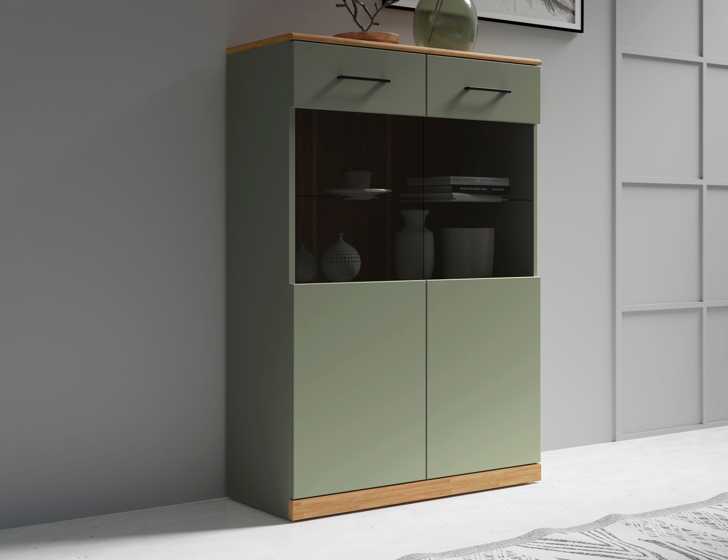 Home affaire Highboard »Ribe,125cm hoch,87cm breit,4 breite Fächer« Oberplatte Eiche massiv,dunkles Glas, schwarze Metall Griffe