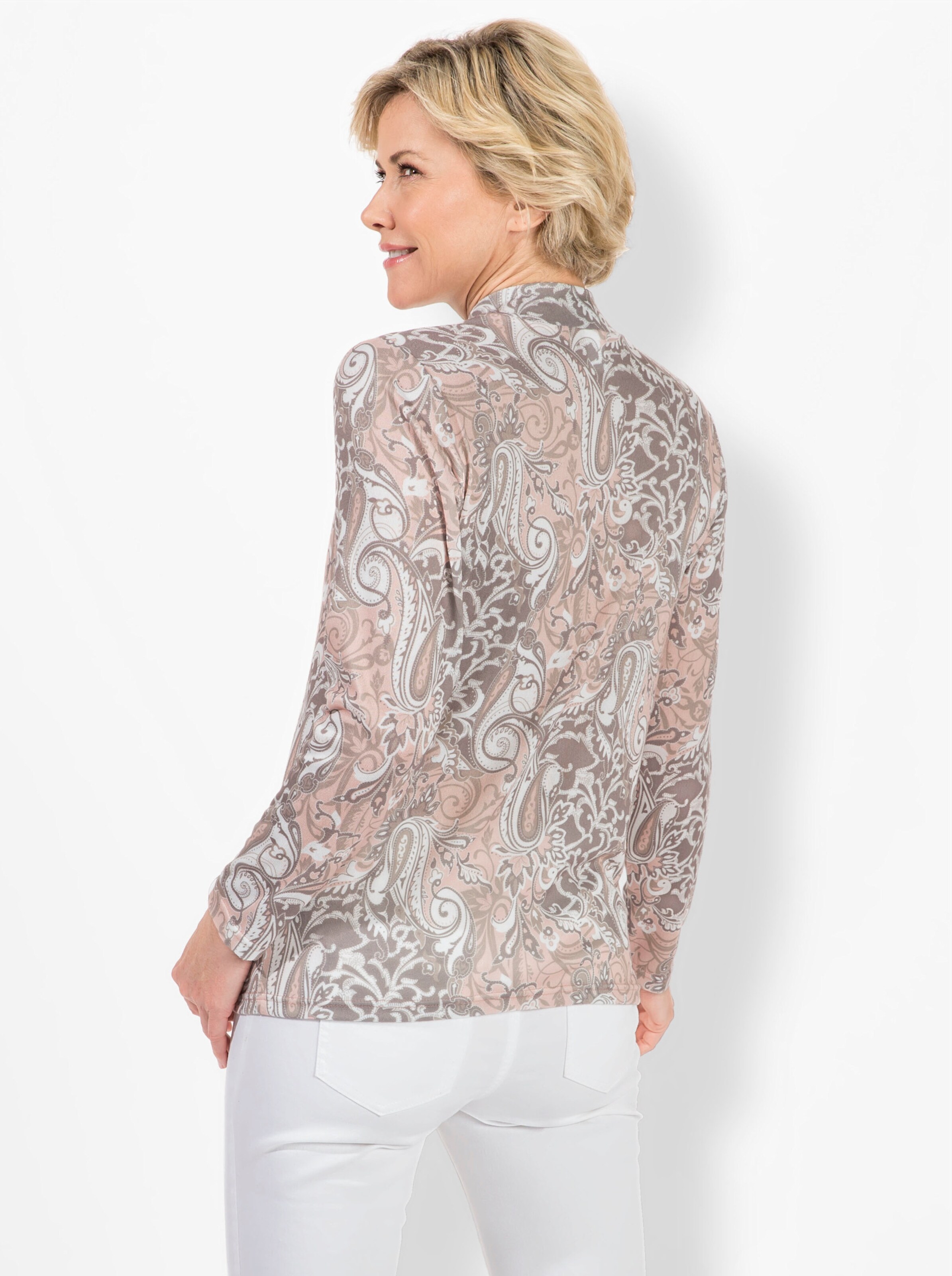Stehkragenshirt in puder-taupe-bedruckt