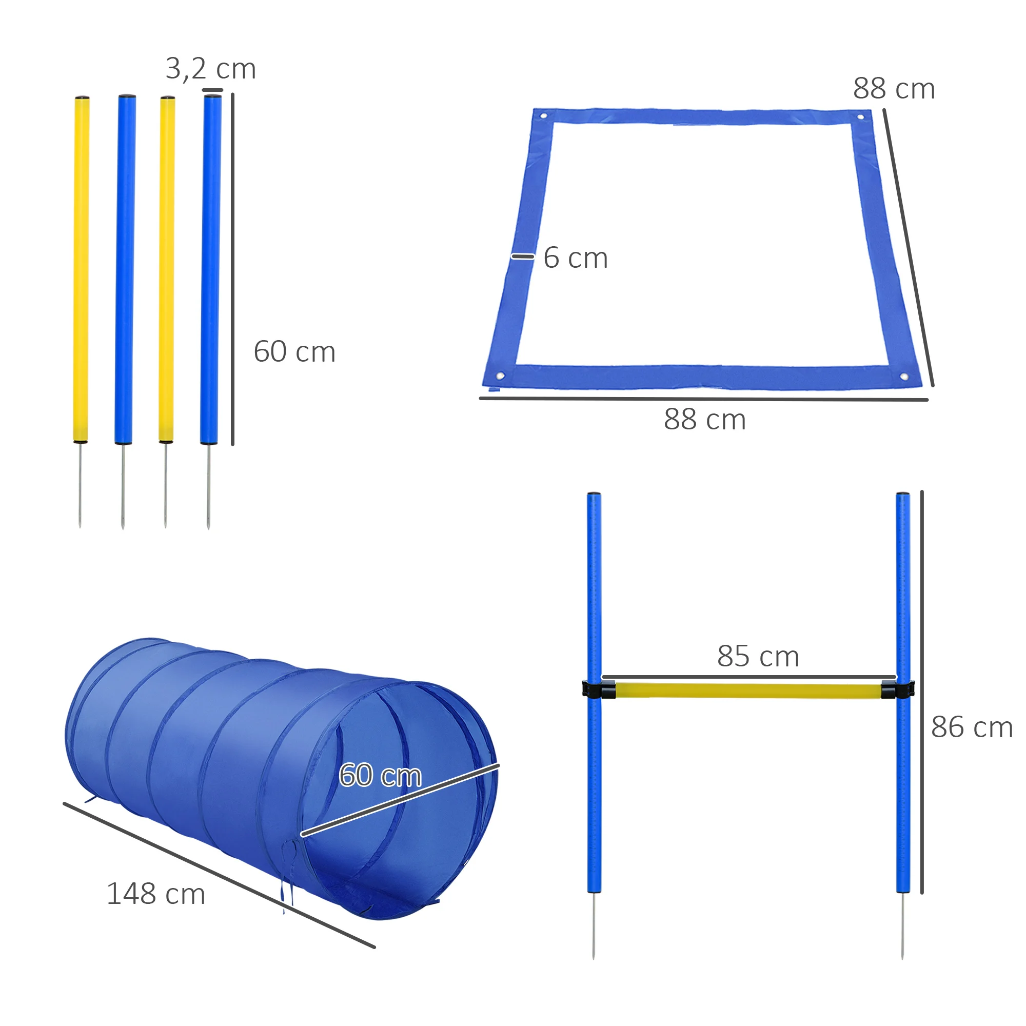 Conjunto de Treinamento de Agilidade para Cães PawHut, Obstáculos de Salto com Altura Ajustável, Túnel para Cães e Bolsa de Transporte, Azul e Amarelo