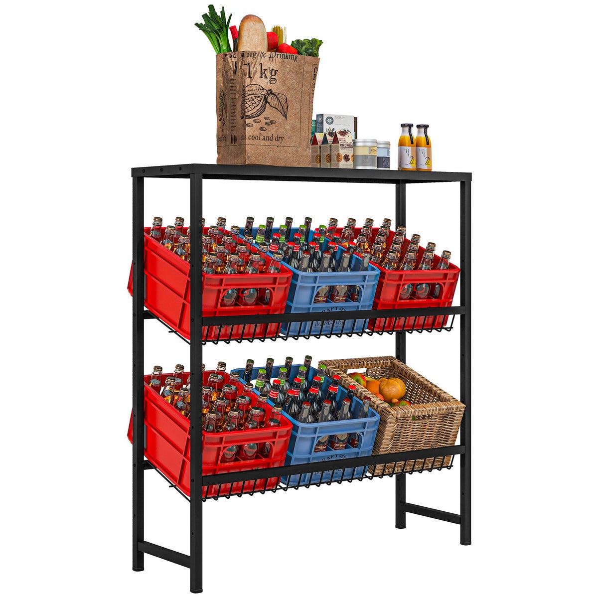 HOMCOM Drankkrattenrek voor 6 kratten, vrijstaand drankenrek met verstelbare plankhoogte, 3 niveaus, krattenrek met antislipbescherming, 103 x 33 x 113,5 cm, staal, zwart