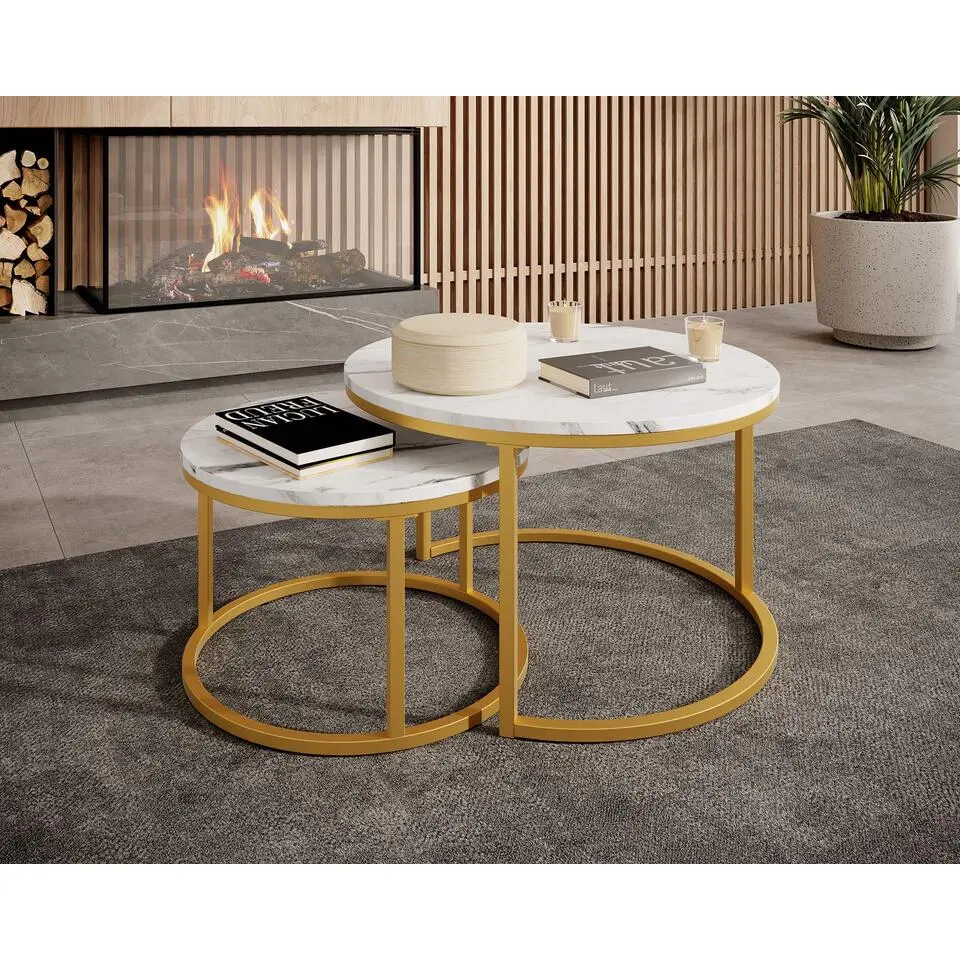 Meubella - Salontafel Rica - Wit marmerlook - Goud - Set van 2