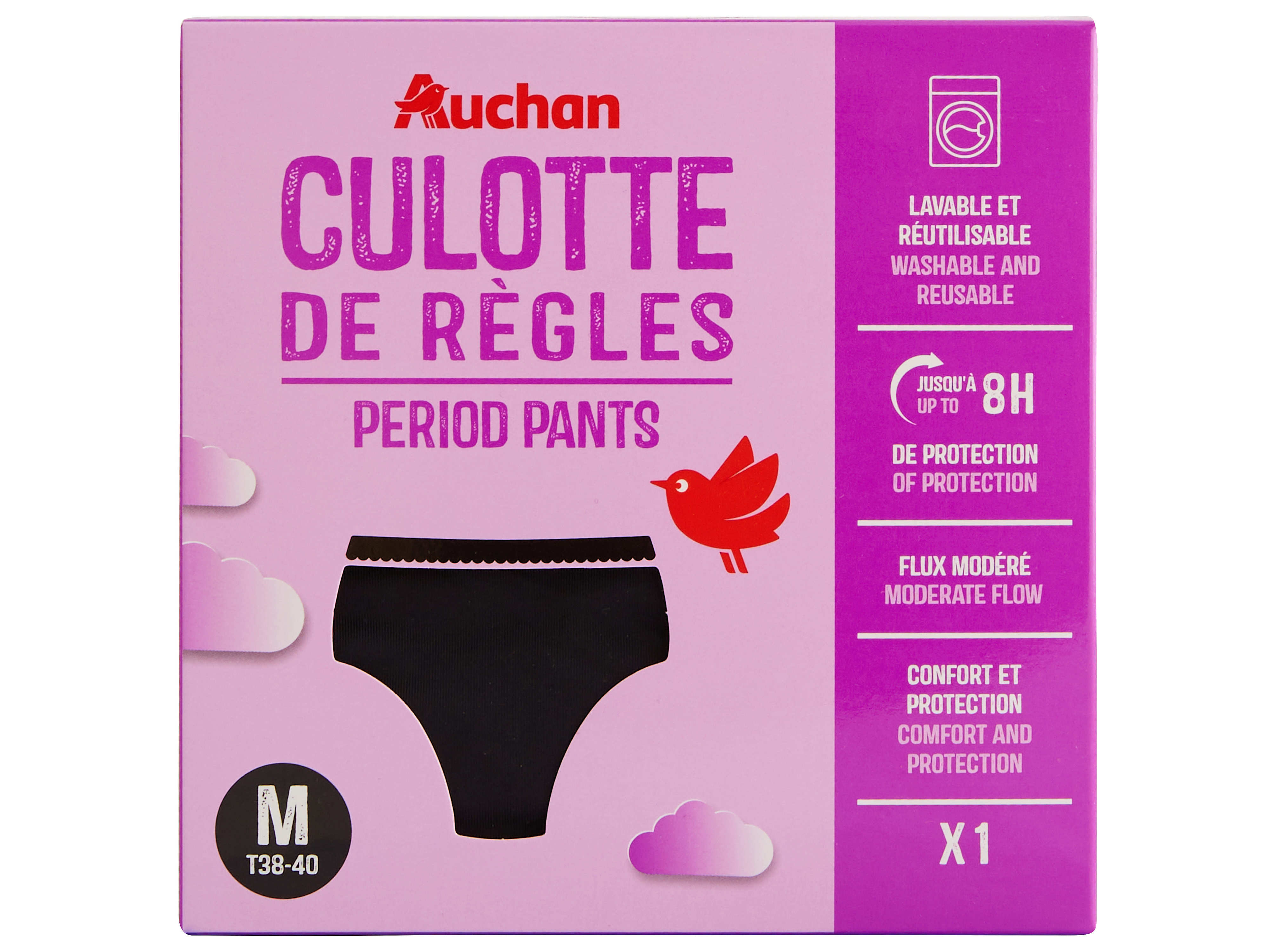 CUECA MENSTRUAL AUCHAN PRETO FLUXO MODERADO M 1UN