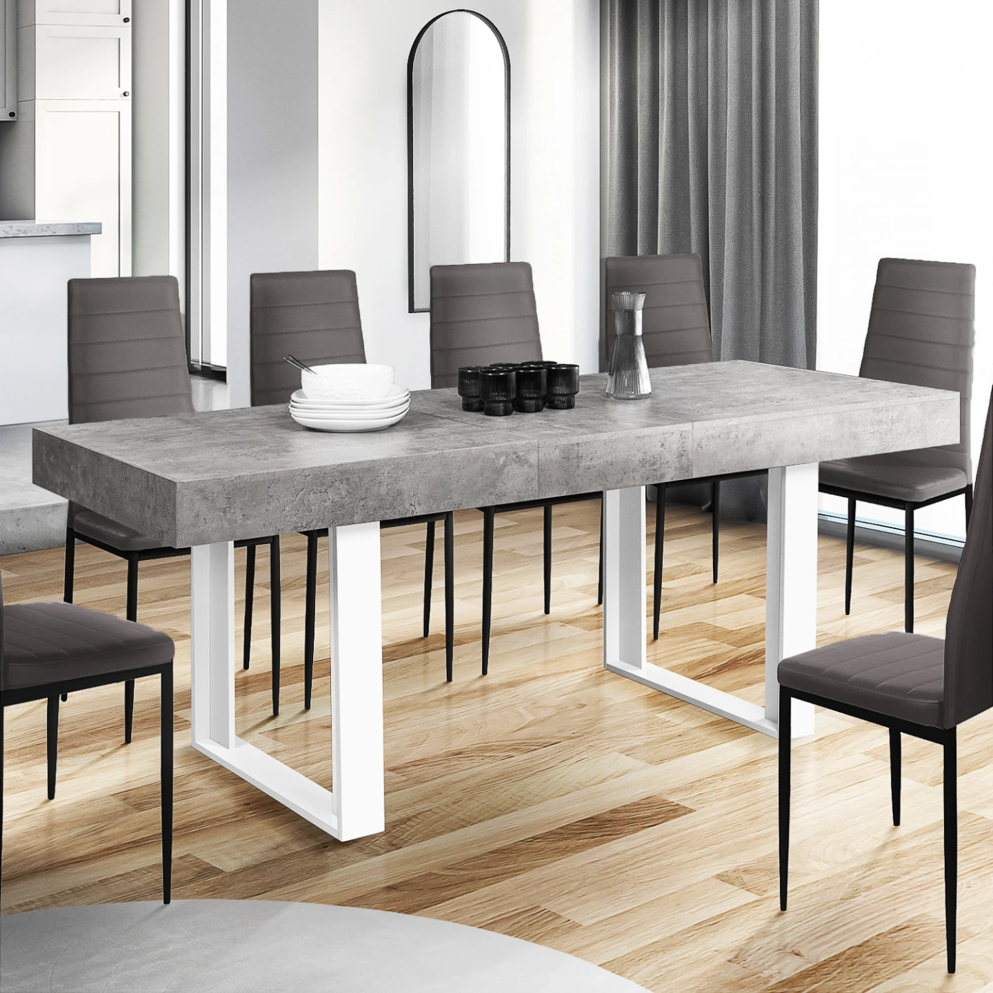 Table à manger extensible rectangle OREGON avec rangement 4-8 personnes effet béton et blanc 160-200 cm