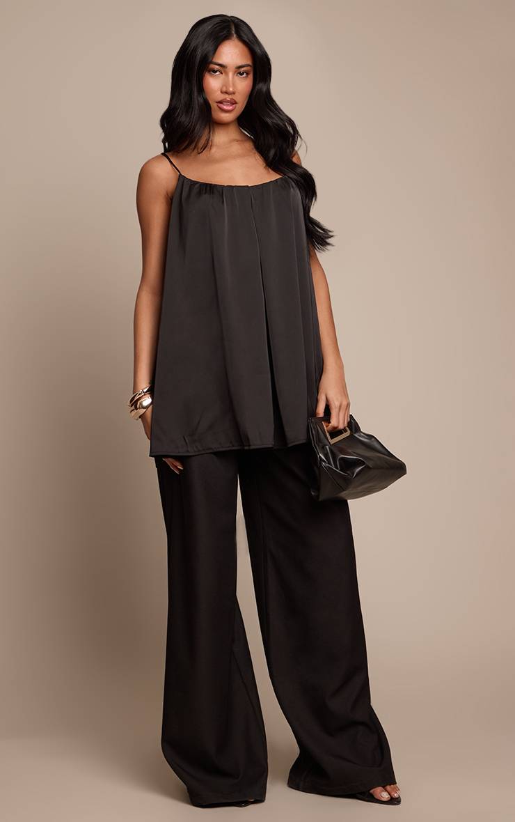 Noir Top Caraco Long Fluide À Bretelles En Satin À Pois