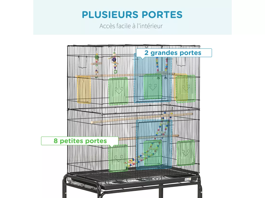 Cage à oiseaux sur roulettes - étagère, plateau déjection, 3 perchoirs, 4 mangeoirs, 2 portes, 8 trappes, accessoires - acier noir