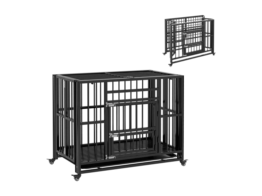 Cage pour chien animaux cage de transport sur roulettes pliable 3 portes verrouillables plateau amovible acier noir