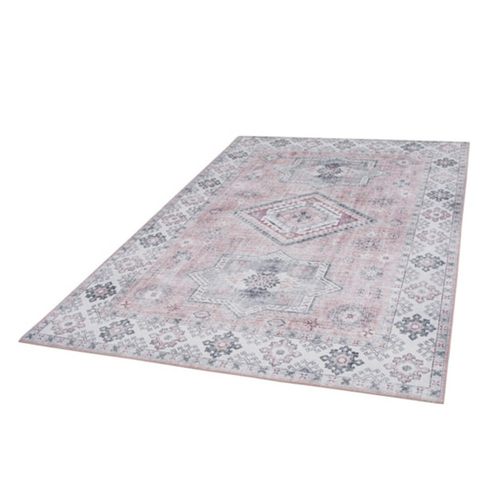 Tapis doux à motif oriental - taha - gris et rose - 200 x 290 cm