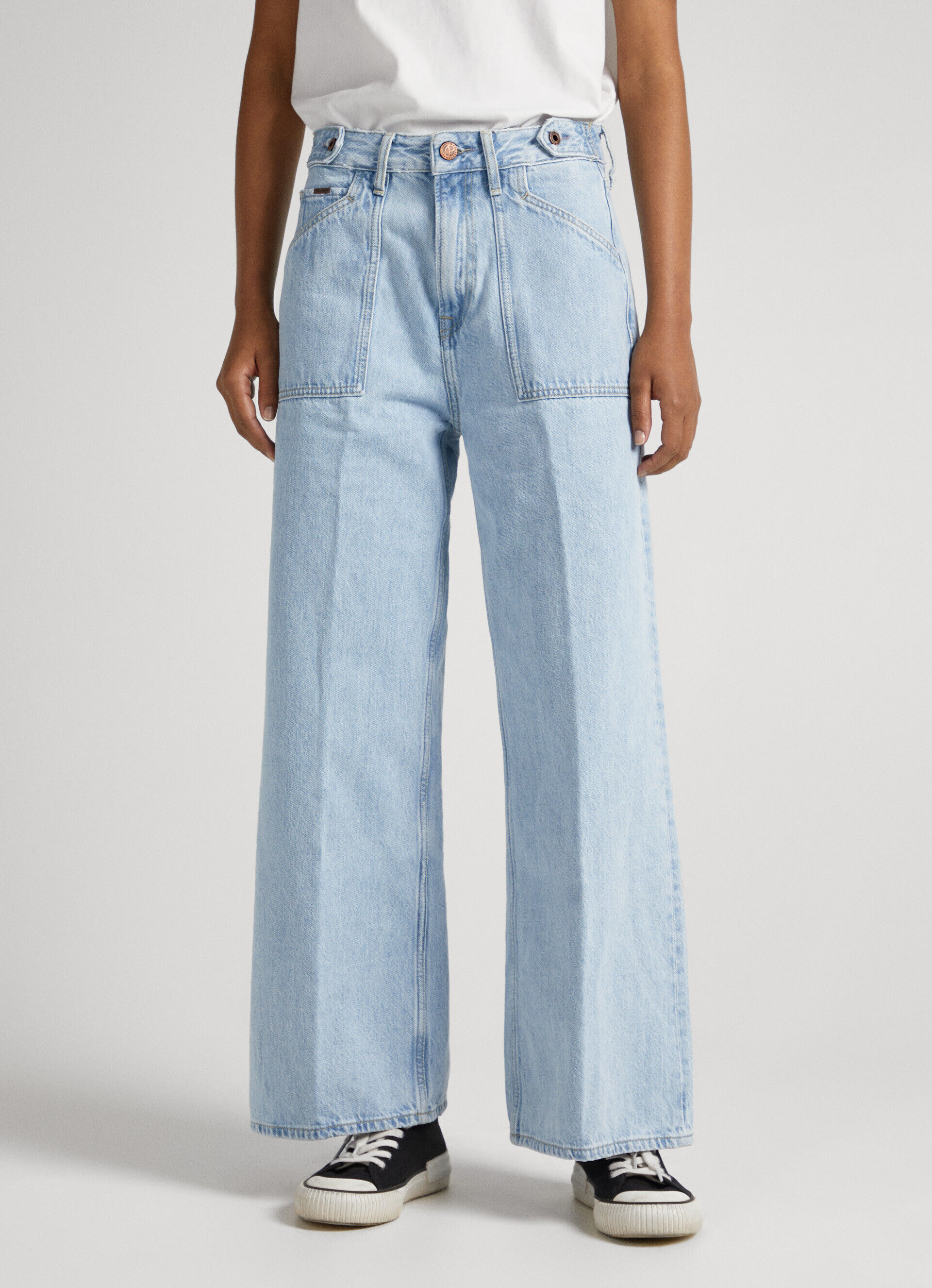 Calça jeans FEBEE de cintura alta e modelagem ampla - jeans