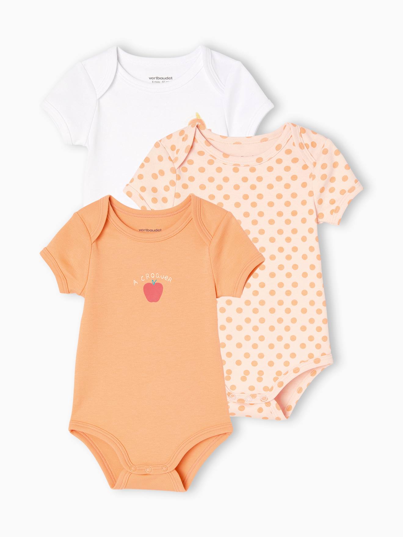 Conjunto de 3 bodies de manga curta para bebê com cavas americanas, cor damasco.