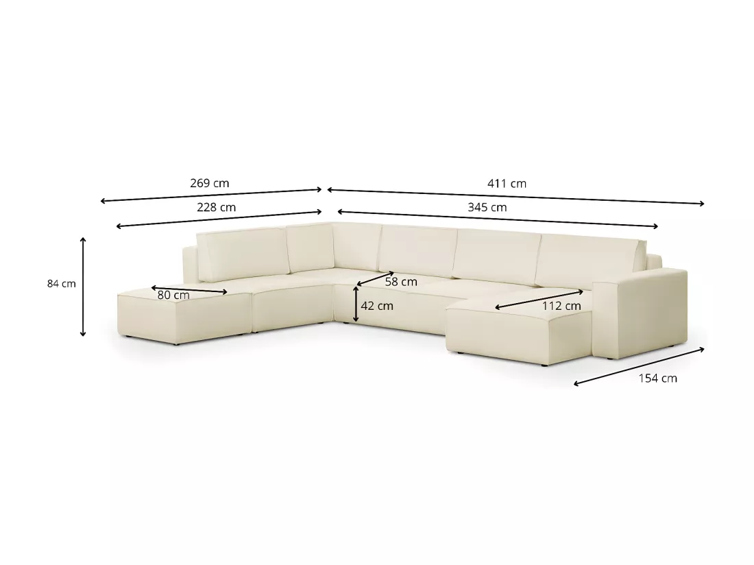 Canapé d'angle à gauche panoramique convertible modulable 8 places avec pouf en tissu bouclé écru - Harper Mod
