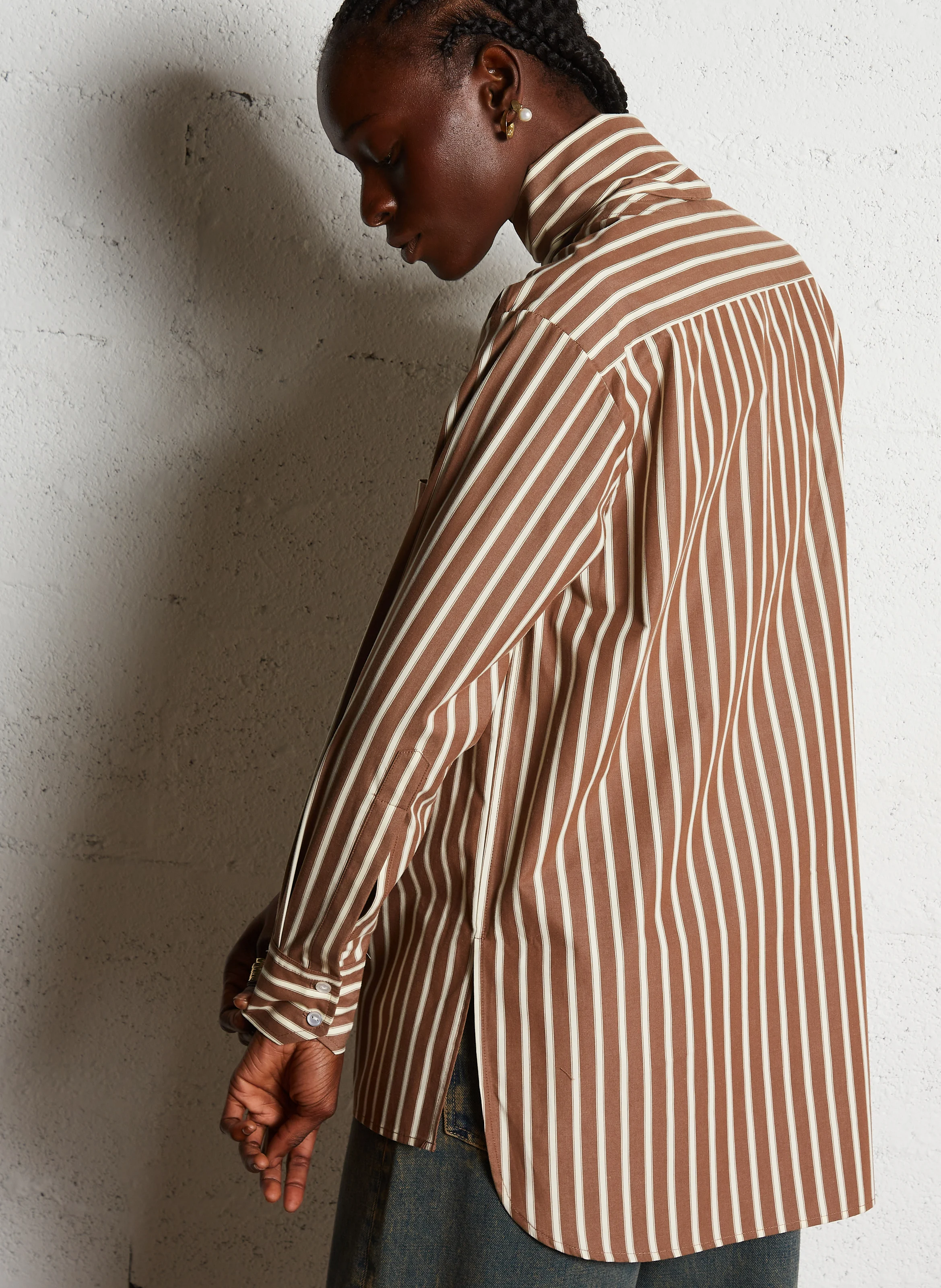 CUMAA - Chemise ample col amovible en coton rayé | Marron