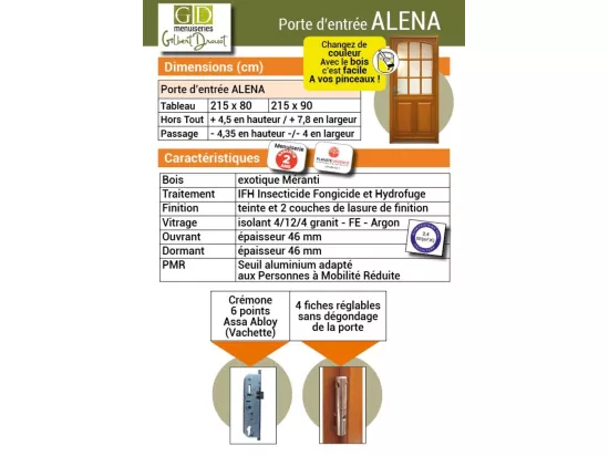 Porte D'Entrée Bois Vitrée, Alena, H,215Xl,90 P,Gauche Cote Tableau + Poignée Et Barillet ( Ref 010723No)