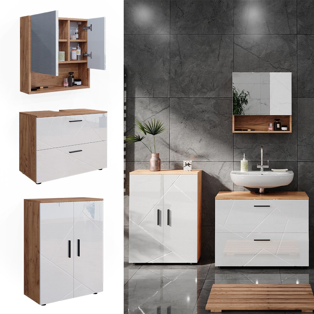 Vicco Badmöbelset Irma Eiche Weiß Hochglanz modern Badezimmerschrank Badschrank Badezimmermöbel Waschtischunterschrank Spiegelschrank Kommode Schranktür Schrankschublade Schrankfach
