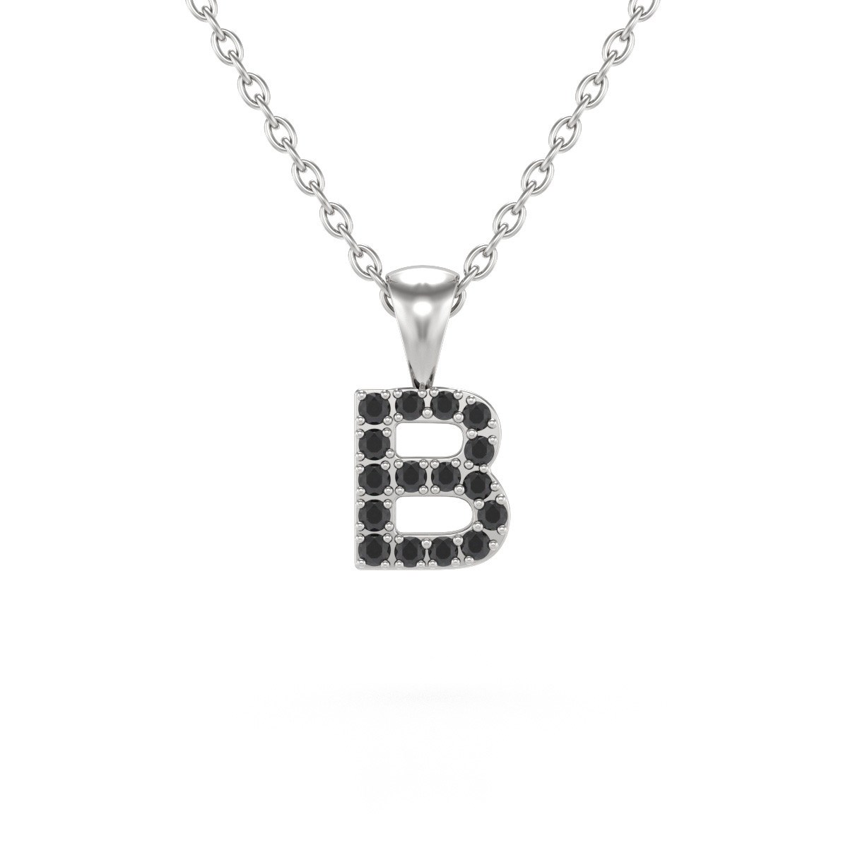 Collier Pendentif ADEN Lettre B Or 750 Blanc Diamant Noir Chaine Or 750 incluse 0.72grs