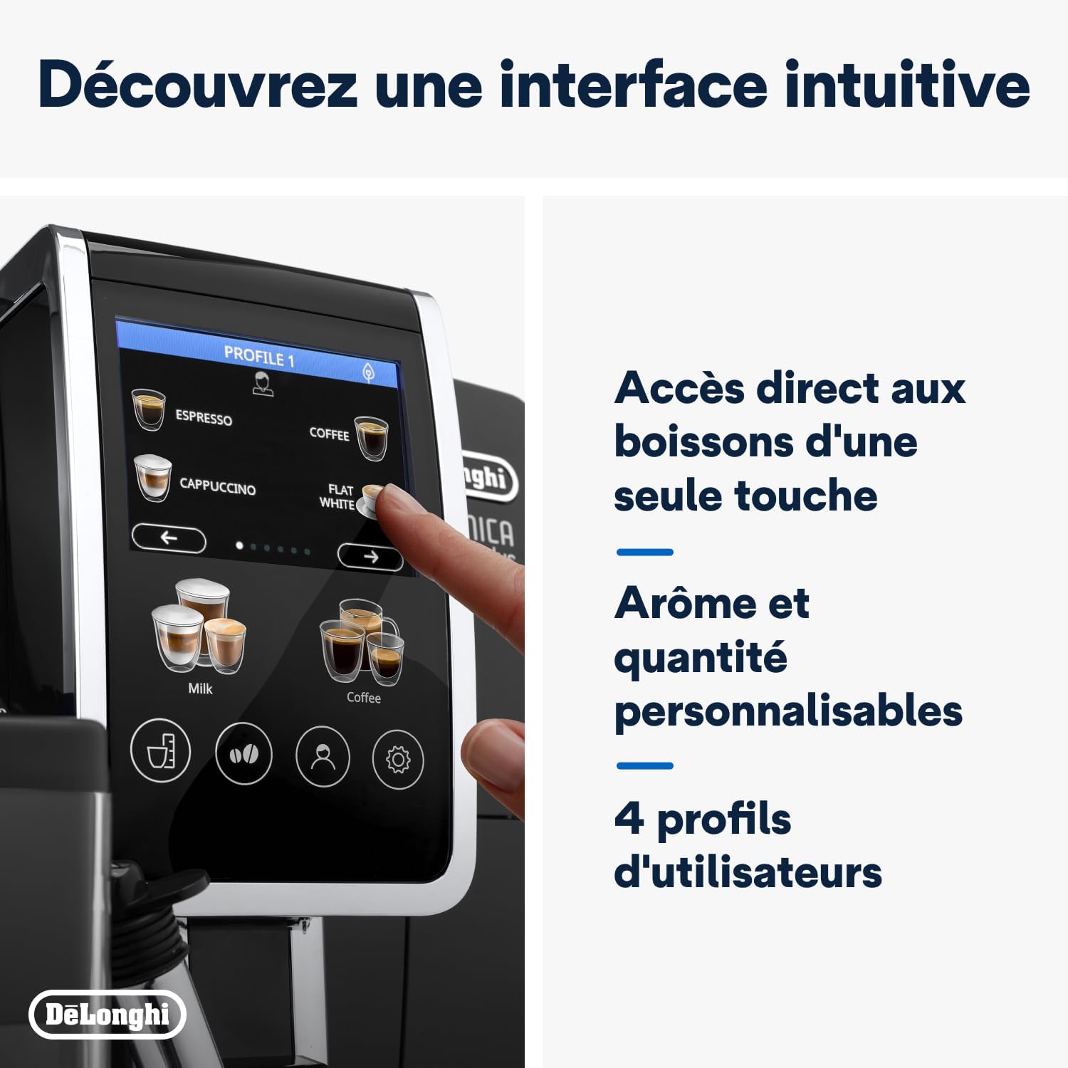 De'Longhi Dinamica Plus ECAM382.70.B, Machine Automatique à Café en Grains, Cafetière avec Technologie LatteCrema, Machine Espresso avec 18 Recettes, Écran TFT 3,5