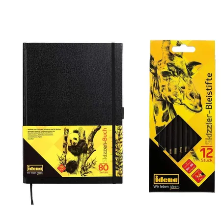 Idena Zeichen-Set Skizzen Buch DIN A4 + 12 Skizzier-Bleistifte