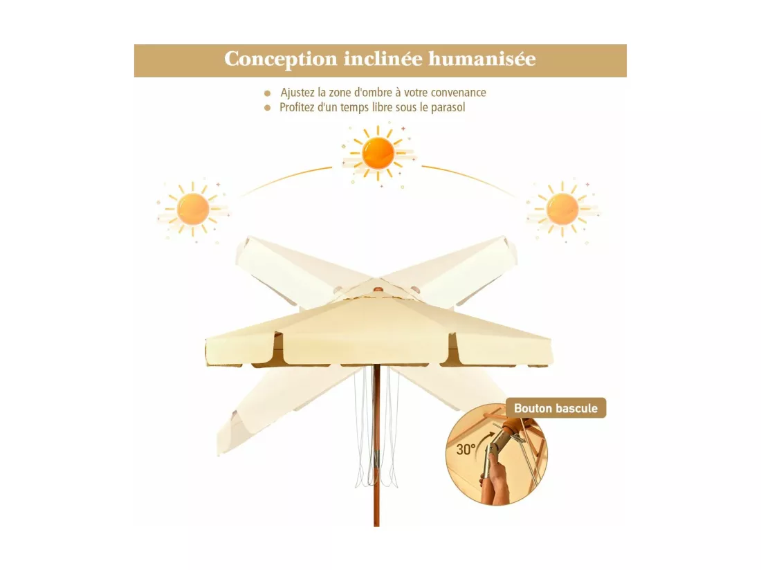 Parasol Inclinable Ø300CM avec Manivelle Anti-UV,Protection Solaire Toile Polyester Imperméable pour Jardin,Terrasse, Balcon