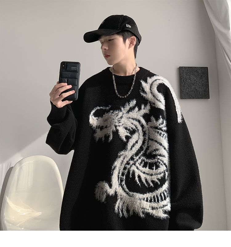 Breeson - Oversized trui met ronde hals en drakenprint