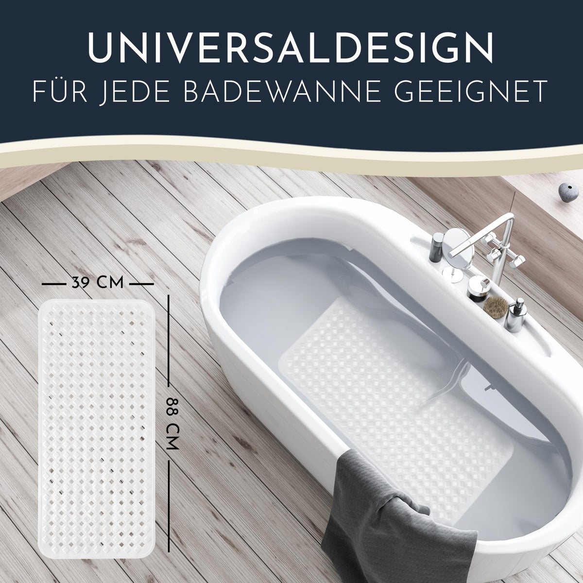 Homerella Antislip Badmat, Huidvriendelijk, 88x39cm, INCL. OPHANGSTANG | Antislip Badmat, BPA-vrij | Schimmelwerende & Machinewasbare Douchemat | Antislip Badmat