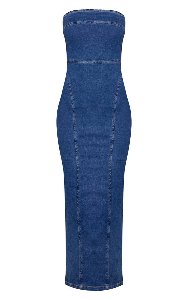 Indigo Vintage Wash Robe Mi-longue Bandeau En Denim Stretch Grande Taille