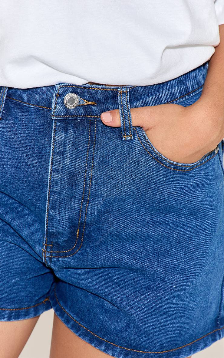 Bleu Foncé Short Mom Taille Haute À Surpiqûres Contrastantes