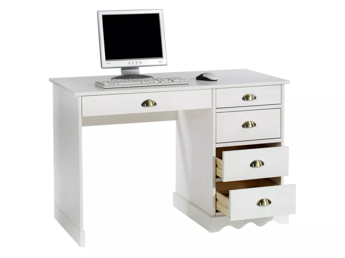Bureau COLETTE rangement avec 5 tiroirs et poignées coquille, en pin massif lasuré blanc