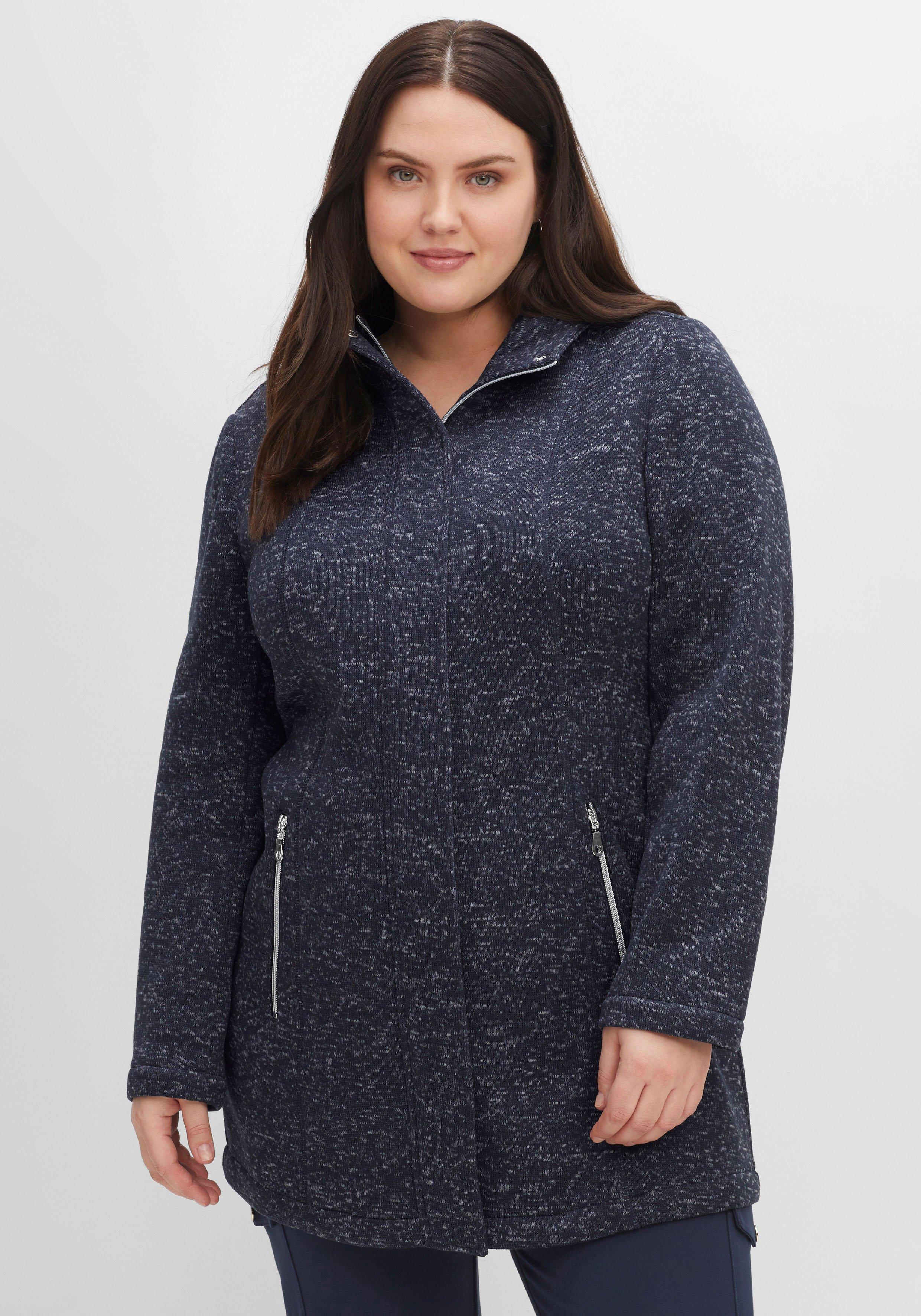 Lange melierte Strickfleecejacke mit Kapuze
