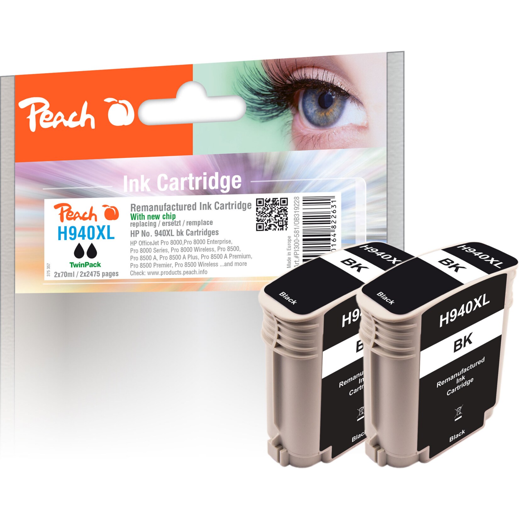 Peach HP 940 XLbk 2 Druckerpatrone XL 2*bk ersetzt HP No. 940XL bk*2, D8J48AE für z.B. HP OfficeJet Pro 8000, HP OfficeJet Pro 8000 Enterprise (wiederaufbereitet)