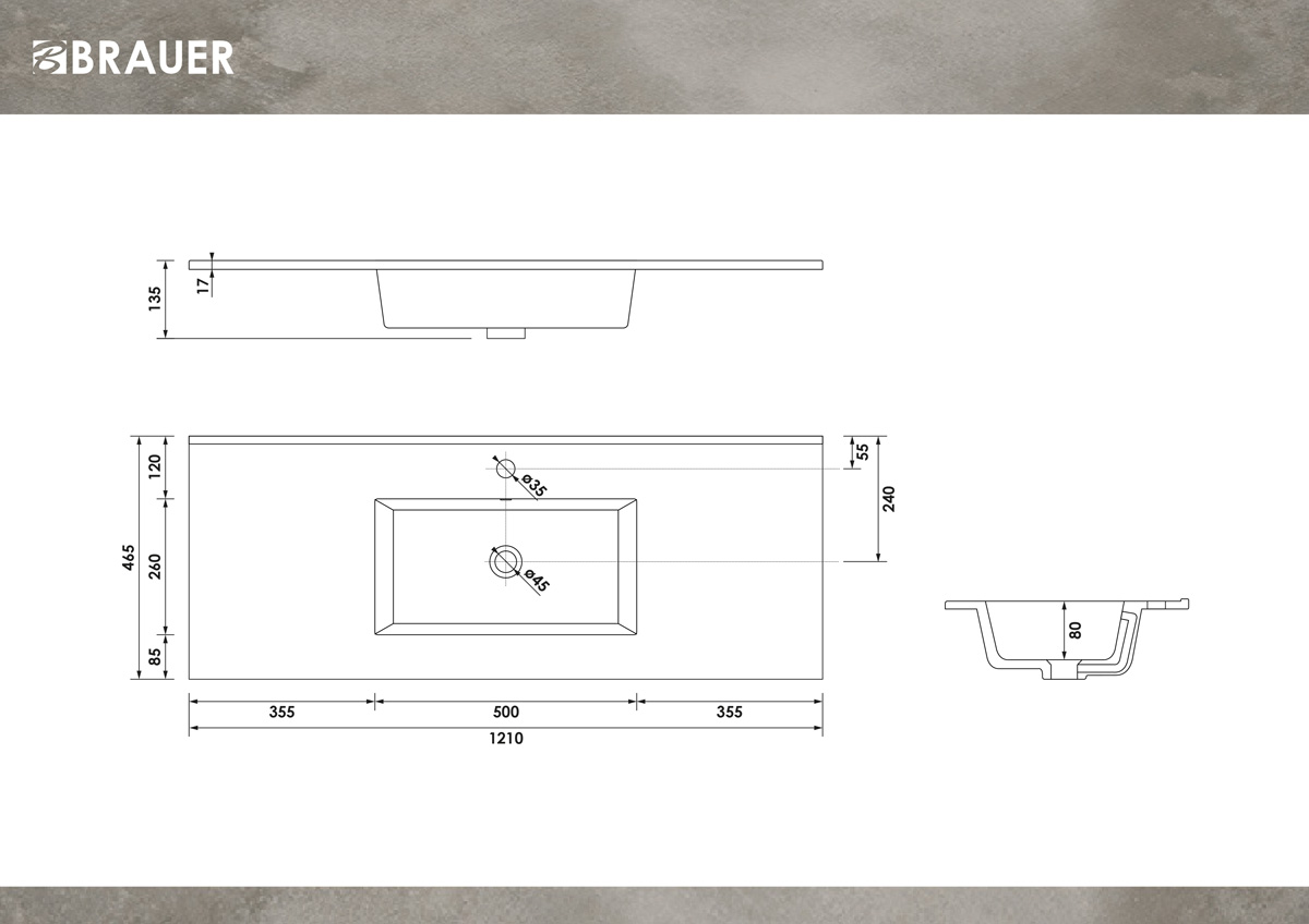 Brauer Starfall wastafel keramiek 120cm met kraangat wit glans