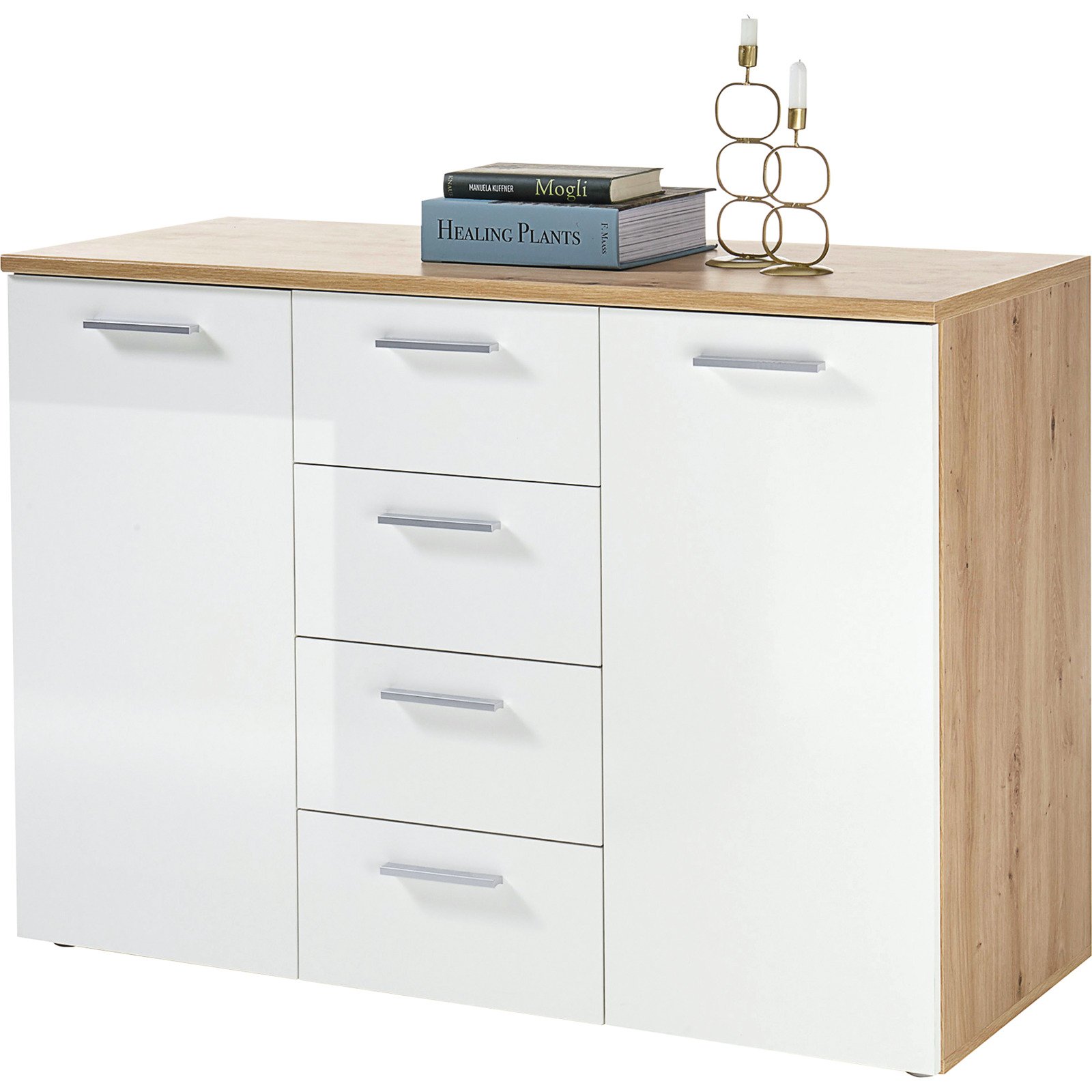 Kommode Paul Eiche Artisan Hochglanz weiss 120 x 85 x 50 cm