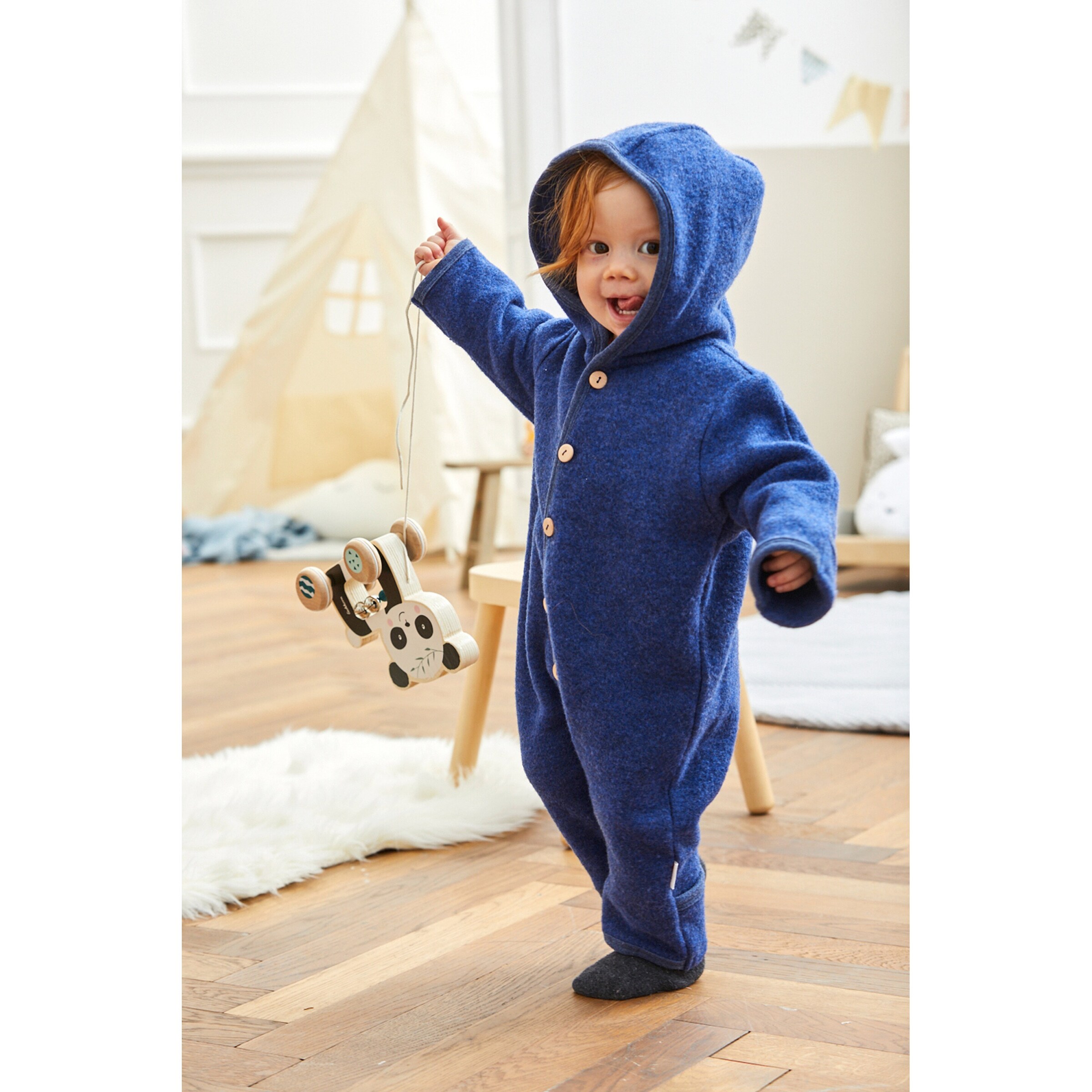 Bornino Wollfleece-Overall mit Klappbündchen aus Merinowolle blau
