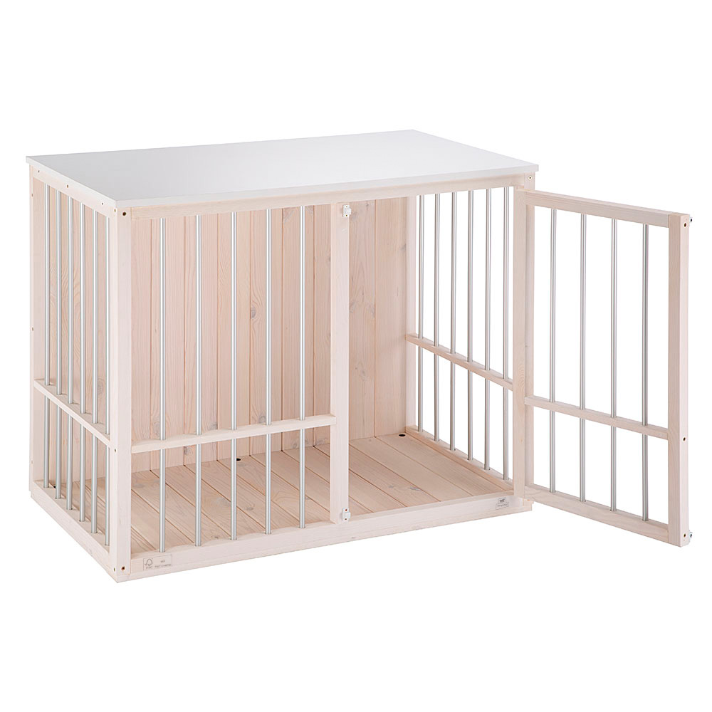 Niche d’intérieur pour chiens dog fort, bois fsc, barres aluminium, fermeture de sécurité