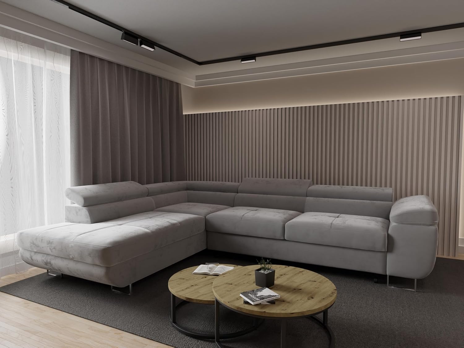 Ecksofa Luna mit Schlaffunktion und Bettkasten – 275x202 cm – verstellbare Kopfstützen – Liegefläche 193x125 cm – Couch – Schlafsofa – L-Sofa mit Stauraum (Monolith 84 Hellgrau, Seite: Links)