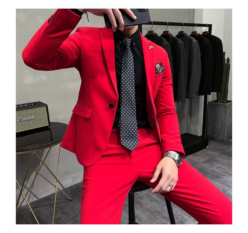 Deepwood - Set: Effen blazer met één knoop + Hoge taille rechte broek