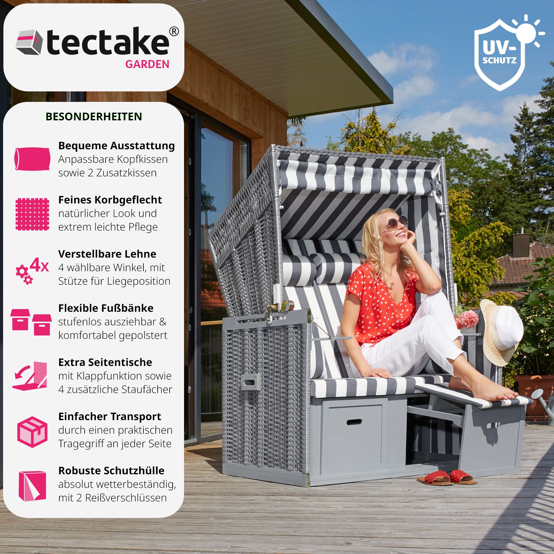 tectake® Strandkorb, gepolstert mit ausziehbaren Fußbänkchen, klappbare Seitentische und weitere Extras, 115 x 158 x 78 cm