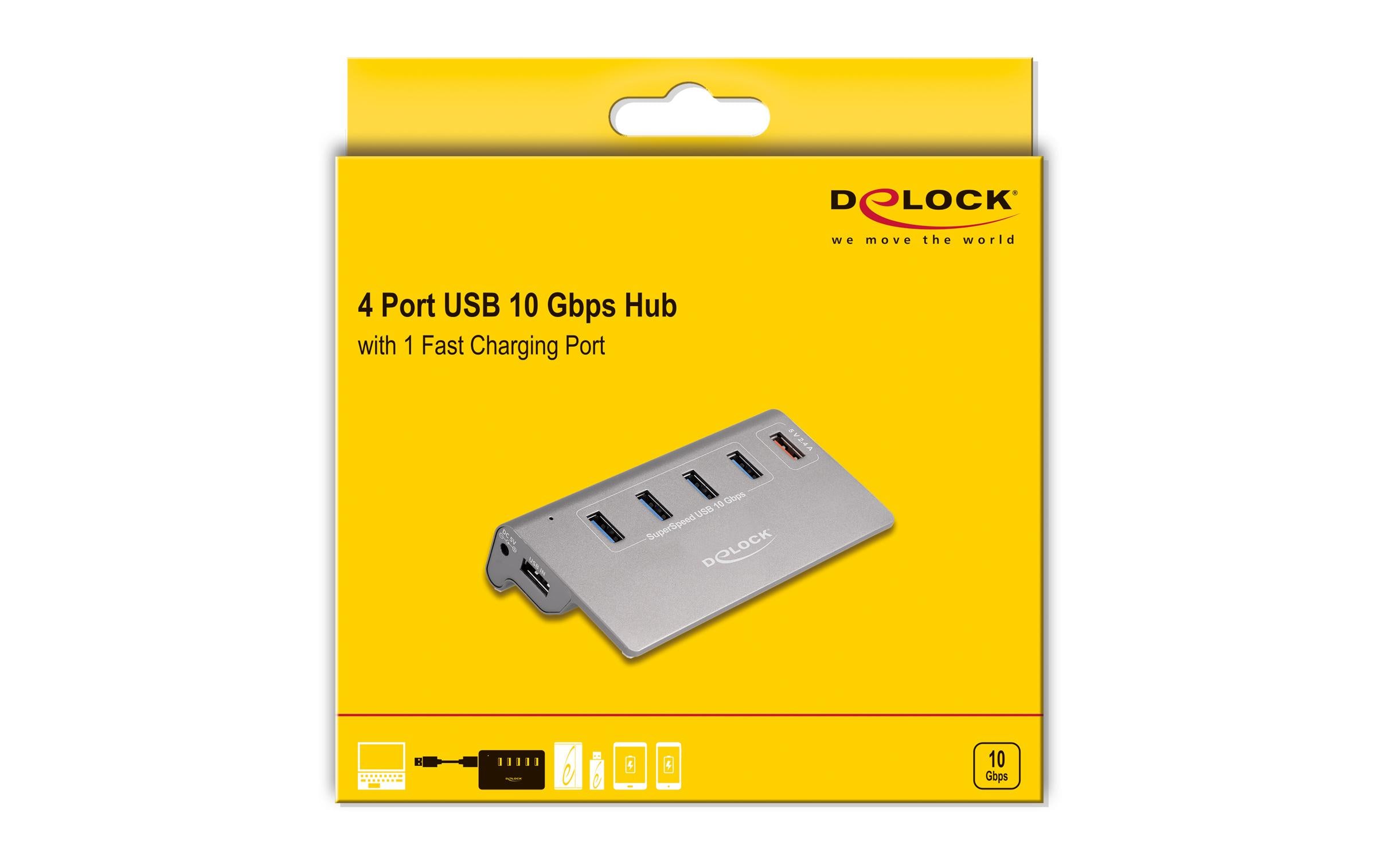 USB-Hub 64182 USB 10 Gbps - 4x USB-A / 1x SchnellladeportDelock USB 10 Gbps Hub mit 4 USB Typ-A Ports + 1 Schnellladeport inkl. Netzteil