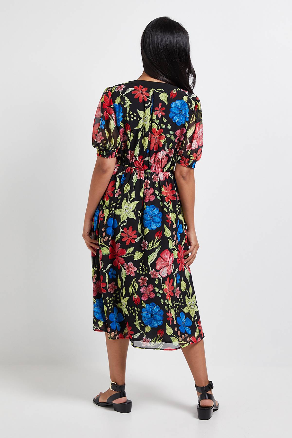 Wallis Robe Midi Petite à Imprimé Floral avec Manches Bouffantes et Fermeture Éclair