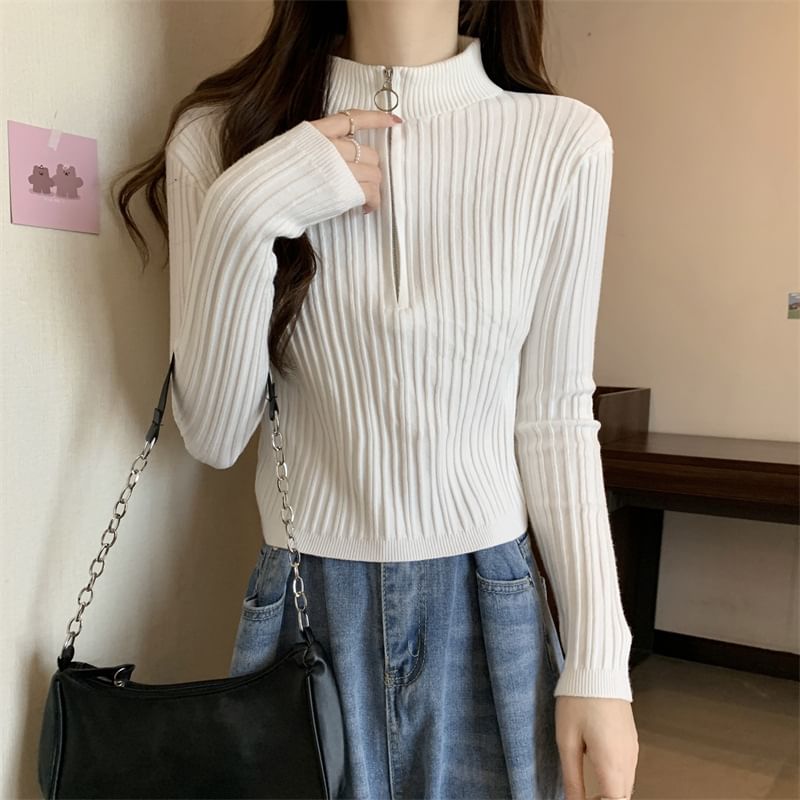 LINSI - Lange mouwen, getailleerd, effen, slim-fit gebreide top met halve rits
