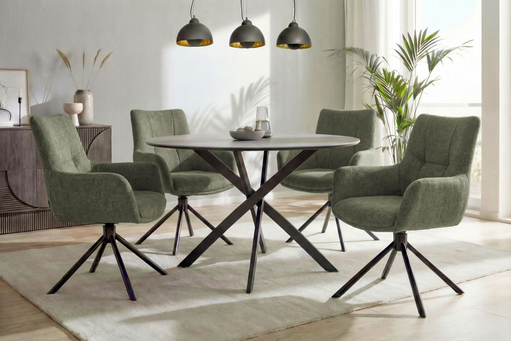 Drehbarer Design Stuhl SIGNATURE moosgrün Samt 360° Taschenfederkern schwarz Metall