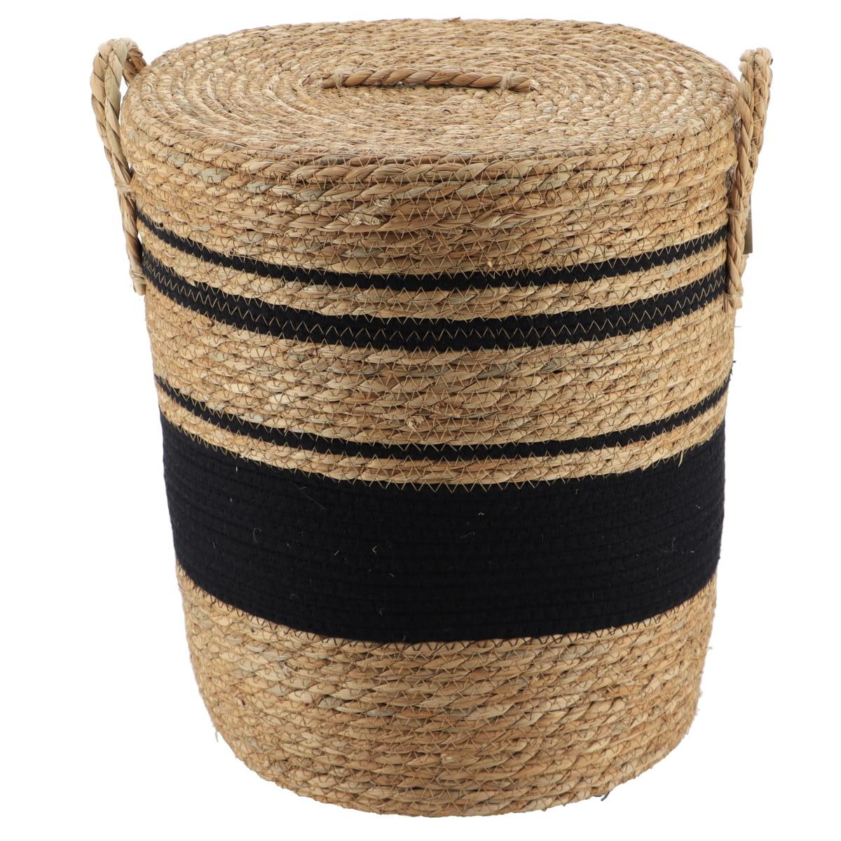 PANIERE COUVERCLE PAILLE COTON 37X43CM NATUREL NOIR