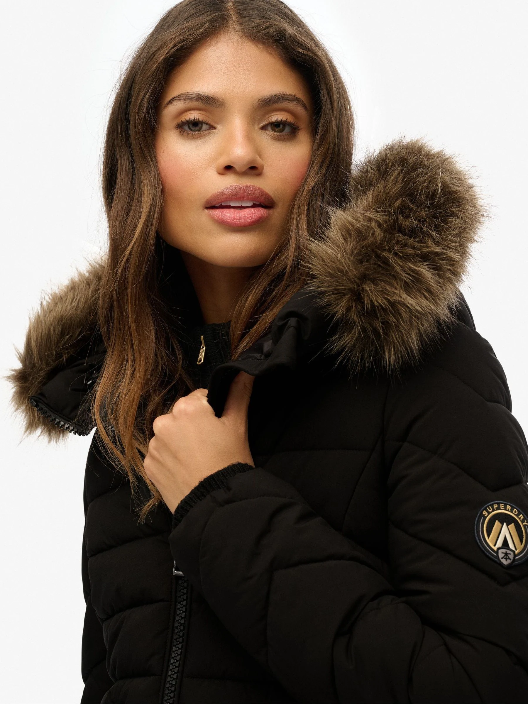 Zwart - Superdry Fuji Faux Hood Mid Length Coat
