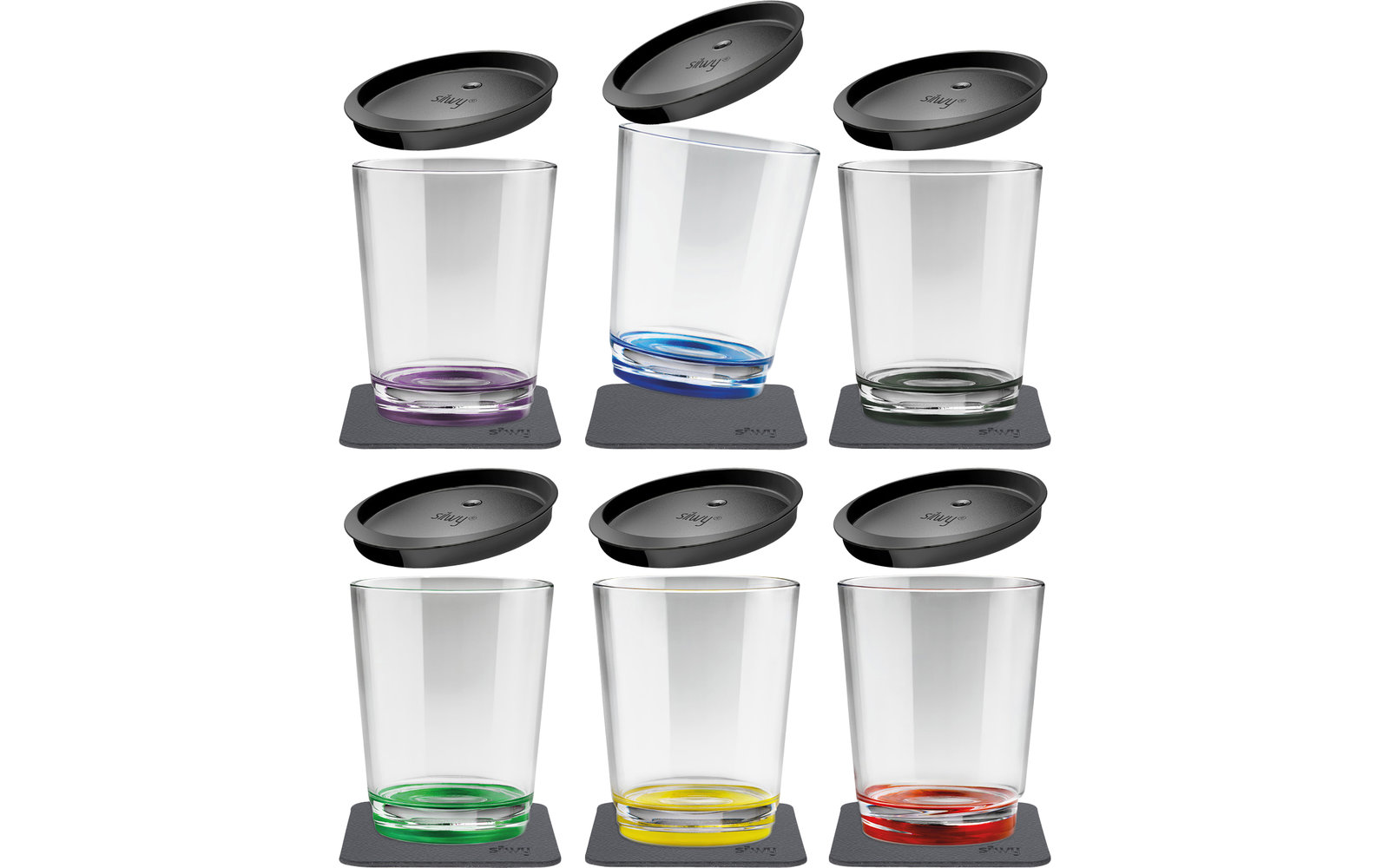 silwy® Magnet-Kunststoff Becher-Set inkl. Deckel und Metallischem Gel-Untersetzer 6 Stk. (250 ml)