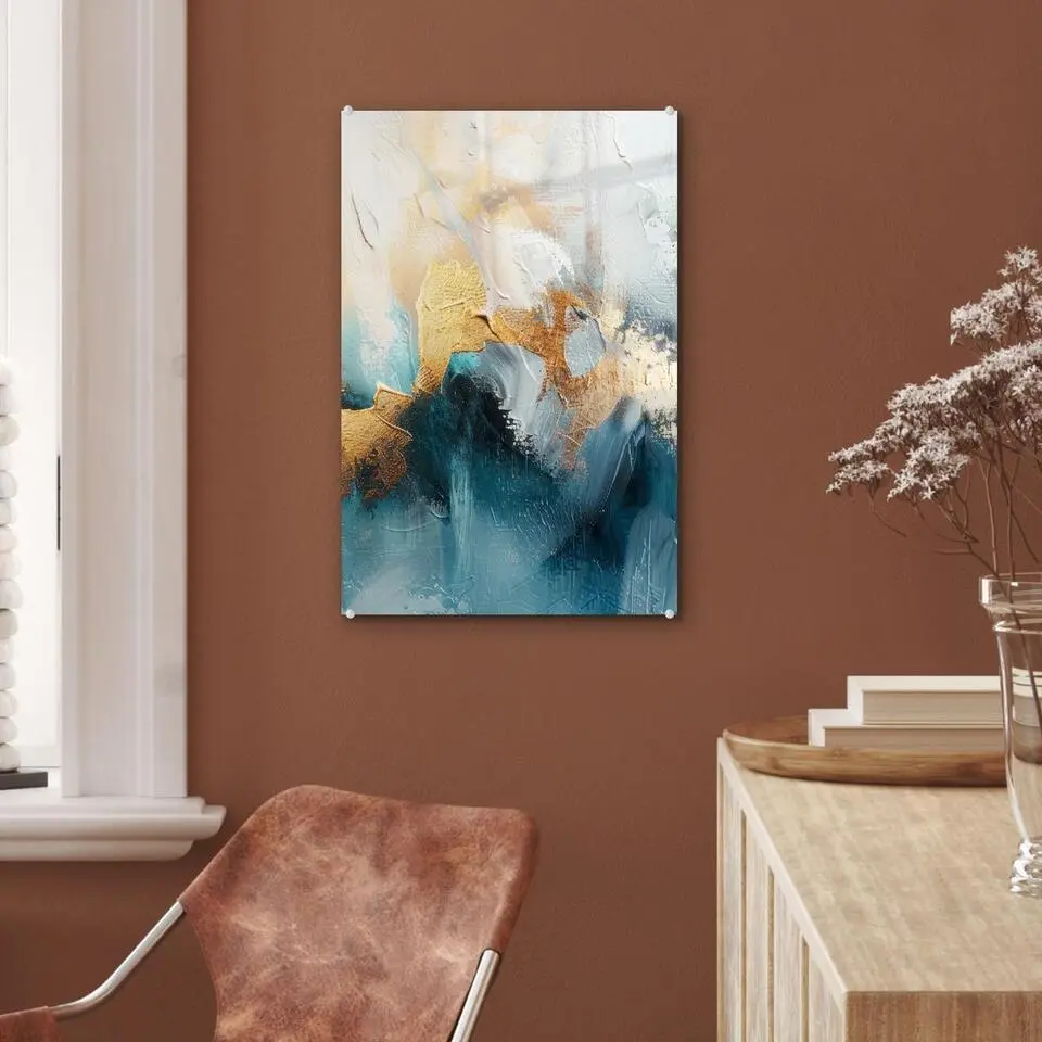 MuchoWow Glasschilderij 40x60cm Abstract Kunst Gold Blauw