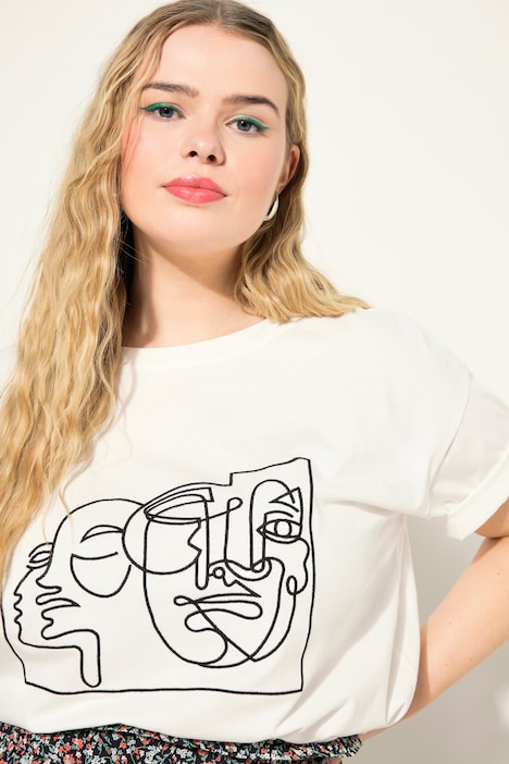 T-Shirt, Rundhals, gesticktes Frauen-Motiv