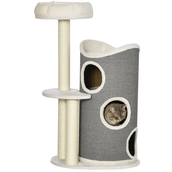 Skrapestolpe 109Cm Kattetre Med Skrapetønne & Katteseng, Sisal Søyler, Hvit + Grå