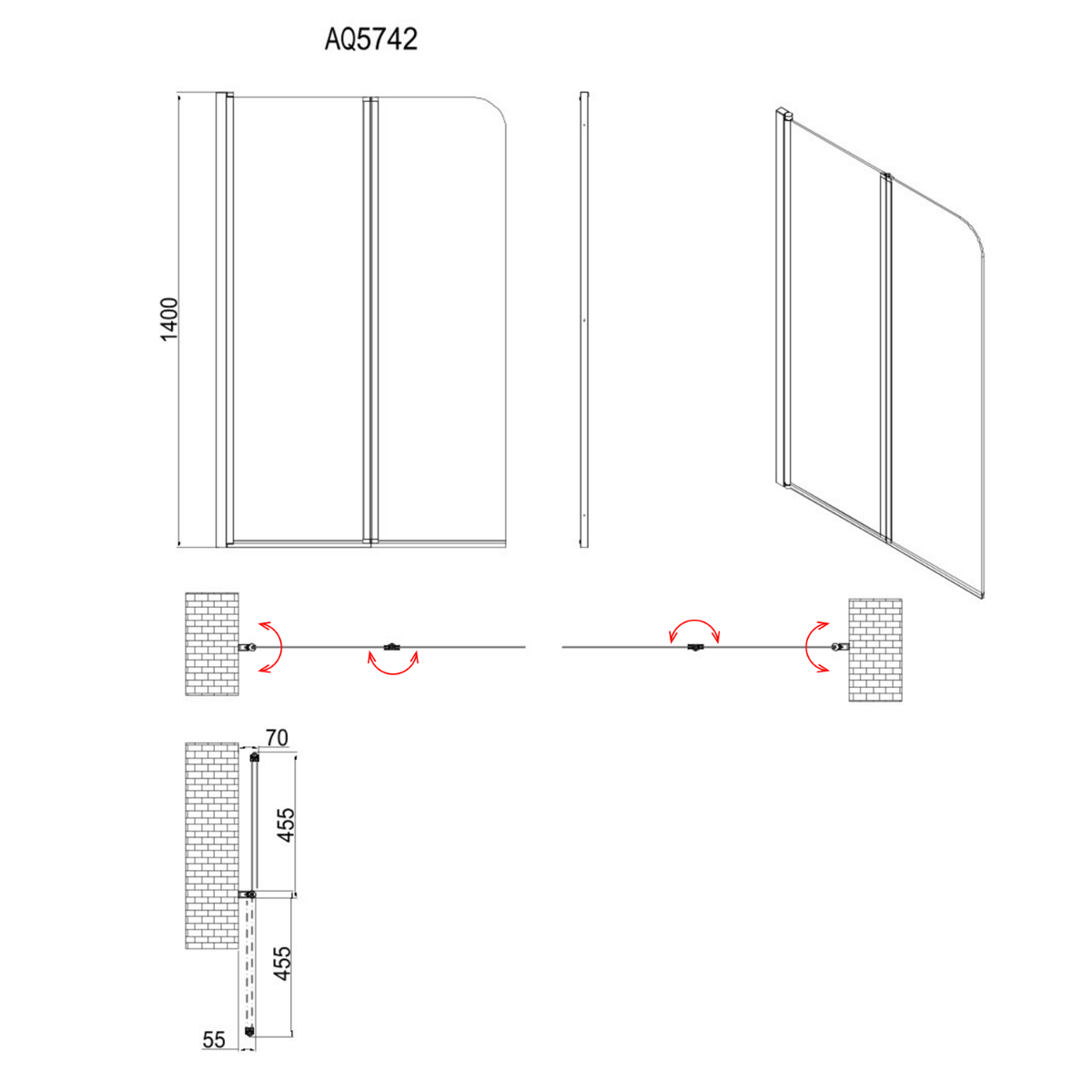 Aqualine Vilma badwand 90x140cm zwart mat