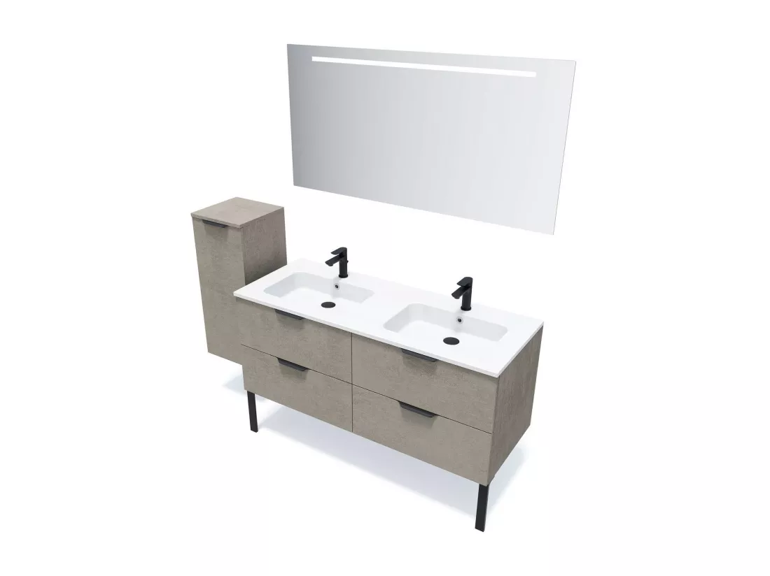 Meuble de salle de bain suspendu double vasque intégrée 140cm 4 tiroirs façon Béton - Soho
