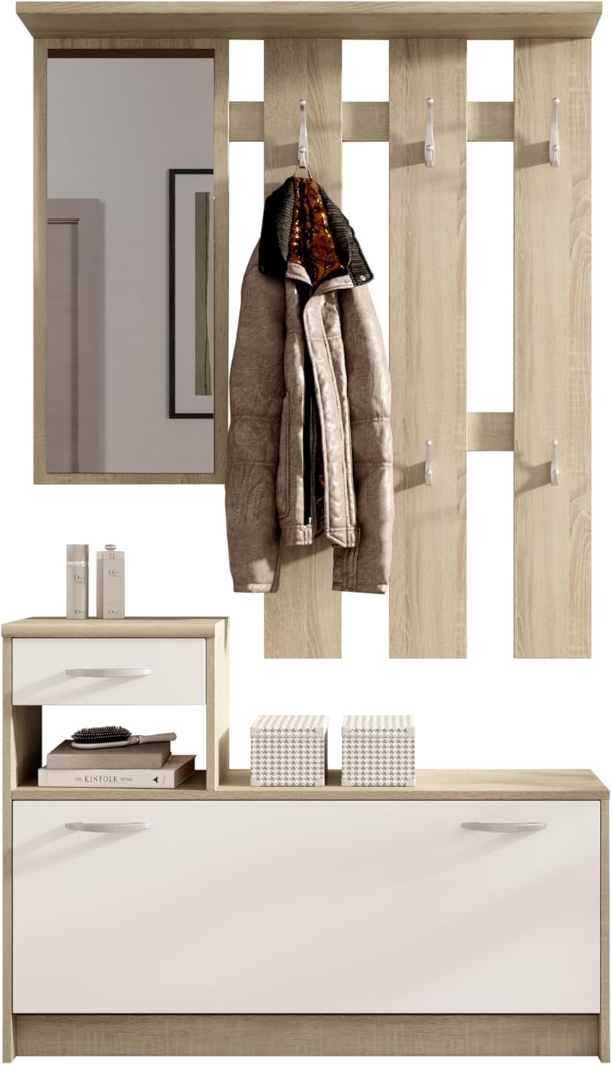 Vera Garderobe mit Spiegel weiß matt - Kompaktgarderobe Korpus Eiche Sonoma Nachbildung - 100 x 190 x 26 cm (B/H/T)