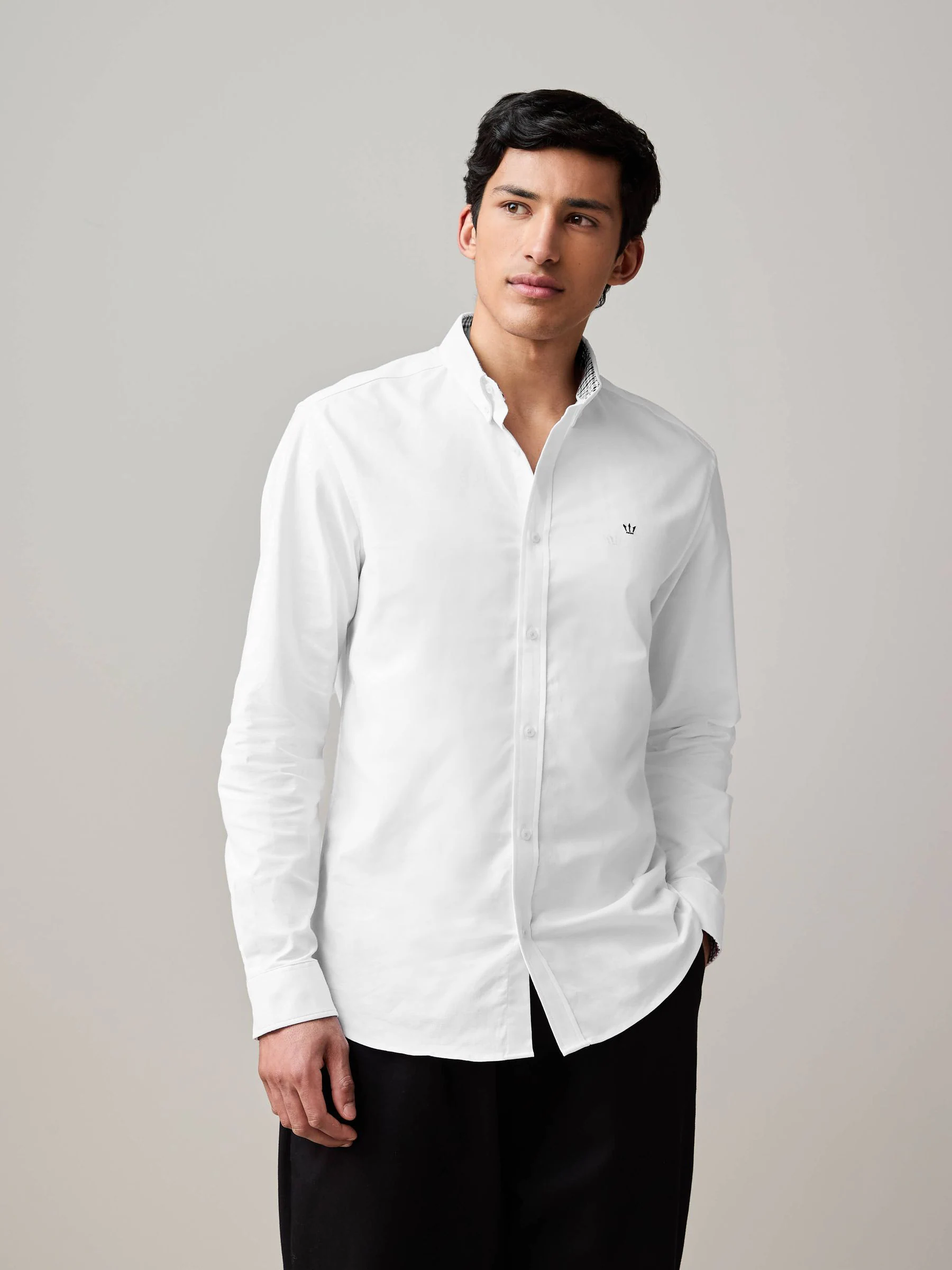 Wit - Oxford-stretchoverhemd met lange mouwen
